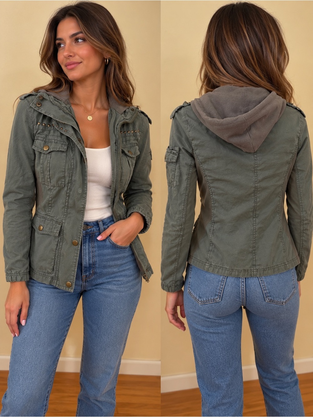 Urban Outfitters Olive Green Utility Jacket with Hood and Stud Details